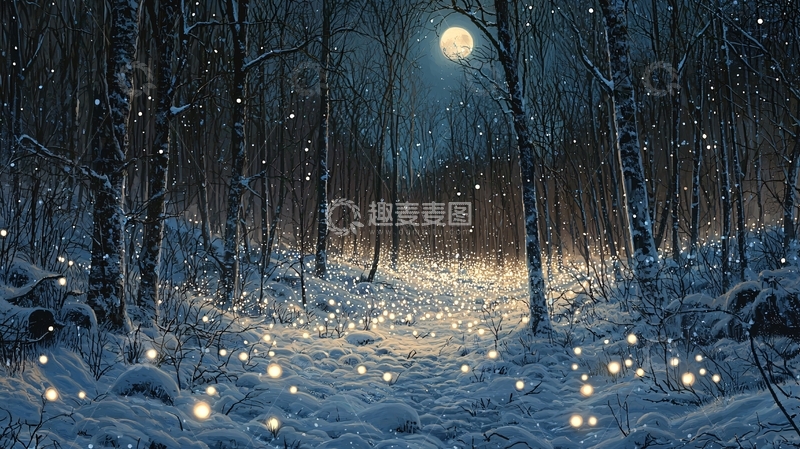 高清大图下载【趣麦麦图】冬夜森林雪景