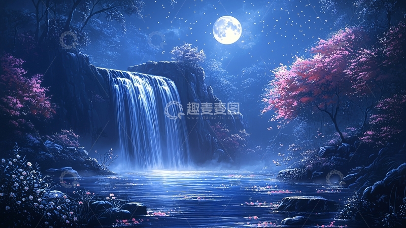 高清大图下载【趣麦麦图】梦幻月光瀑布