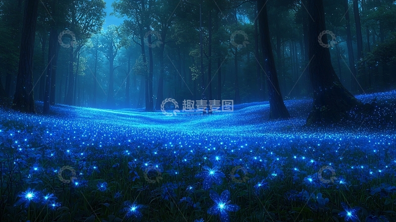高清大图下载【趣麦麦图】蓝光花海森林夜景