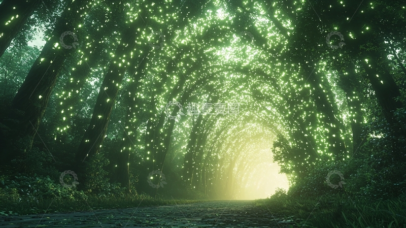 高清大图下载【趣麦麦图】萤火虫森林隧道