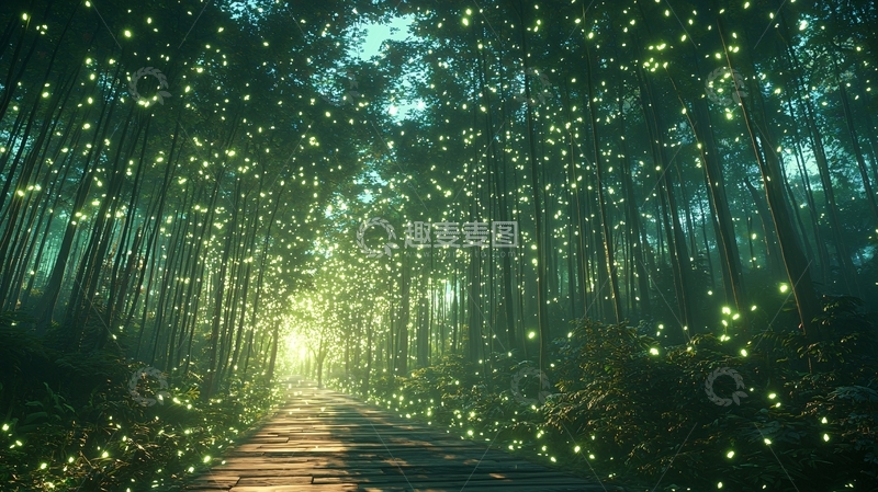 高清大图下载【趣麦麦图】萤火虫竹林小路