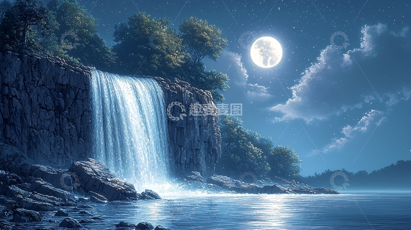 高清大图下载【趣麦麦图】月光下的瀑布