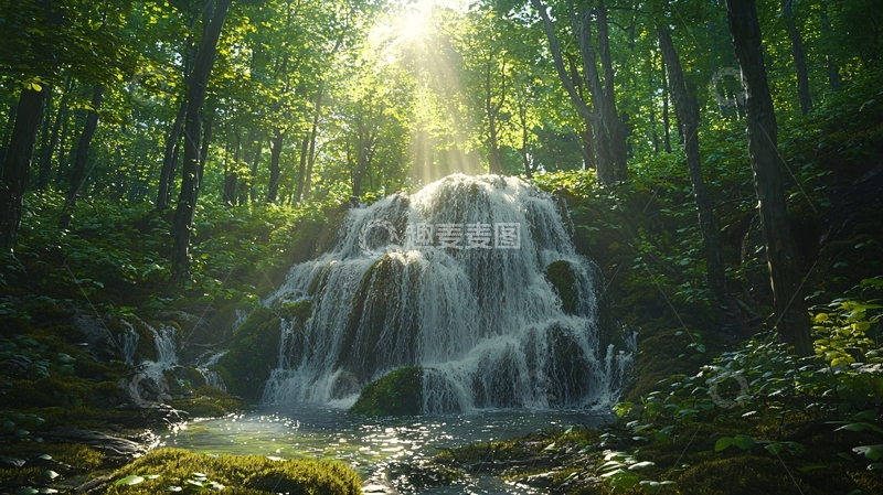 高清大图下载【趣麦麦图】森林瀑布阳光