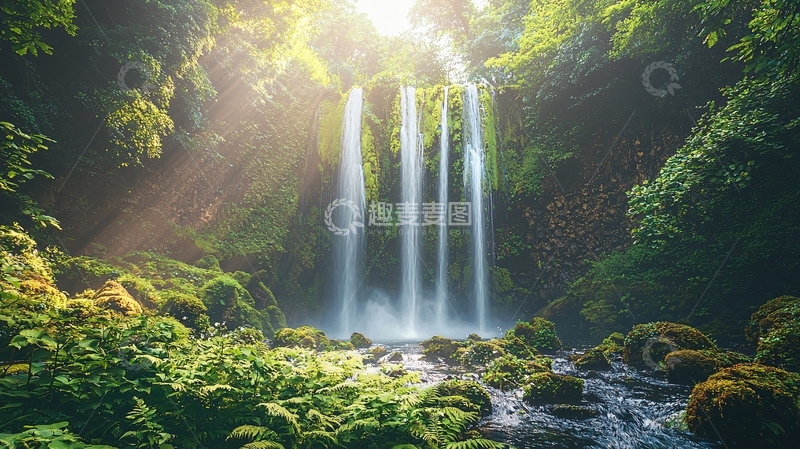 高清大图下载【趣麦麦图】阳光森林瀑布
