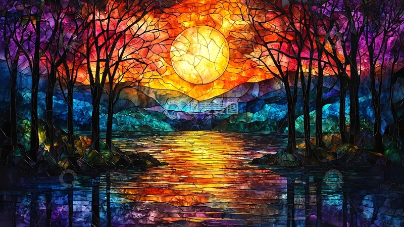 高清大图下载【趣麦麦图】彩绘森林日落湖景