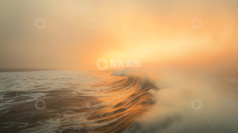 高清大图下载【趣麦麦图】雾霭夕阳下巨浪拍岸