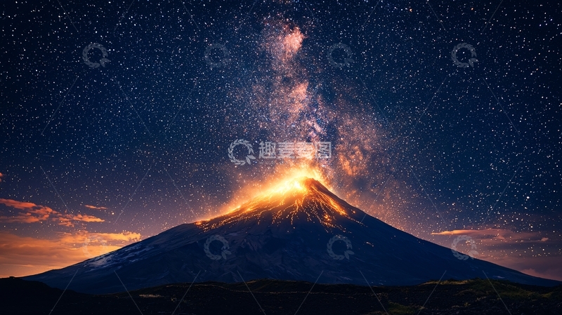 高清大图下载【趣麦麦图】星空下的火山喷发