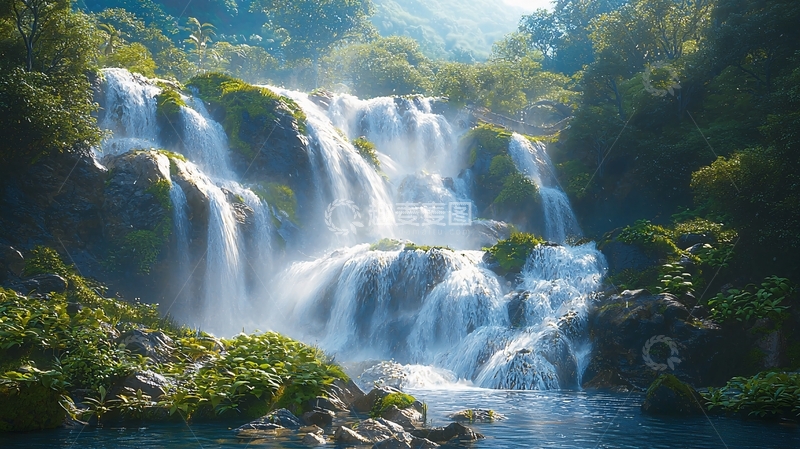高清大图下载【趣麦麦图】阳光下的森林瀑布