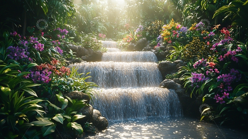 高清大图下载【趣麦麦图】阳光透过树林瀑布