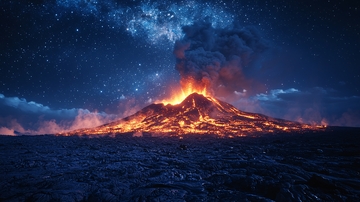 星空下喷发的火山