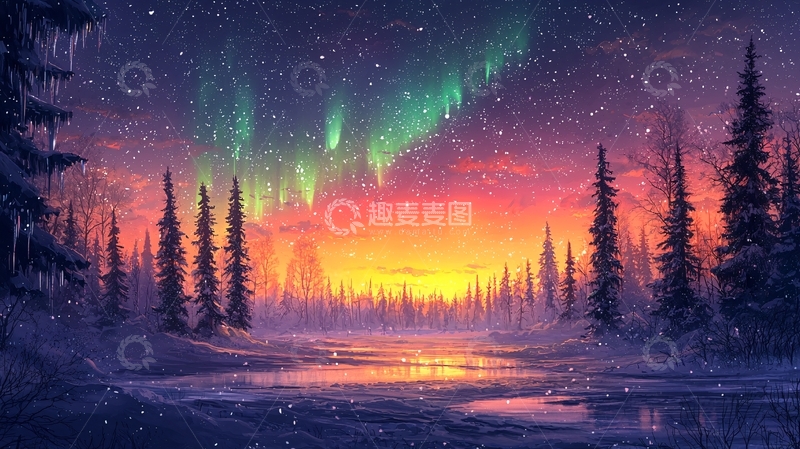高清大图下载【趣麦麦图】极光下的雪林