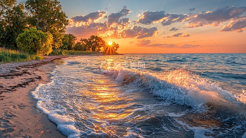 高清大图下载【趣麦麦图】夕阳西下海滩景色