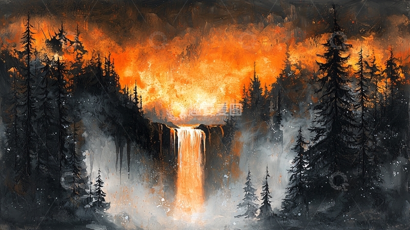 高清大图下载【趣麦麦图】燃烧的森林瀑布