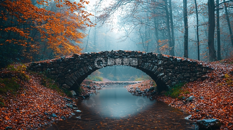 高清大图下载【趣麦麦图】秋日雾霭下的石拱桥
