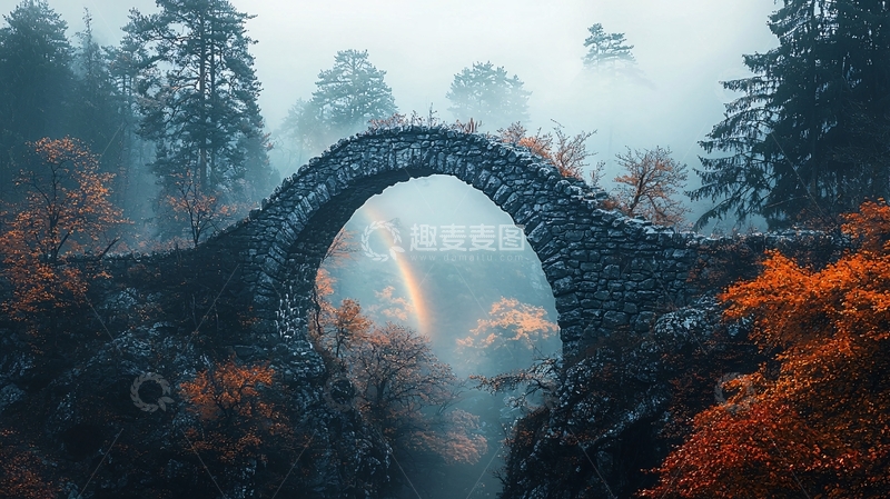 高清大图下载【趣麦麦图】雾中彩虹石拱桥