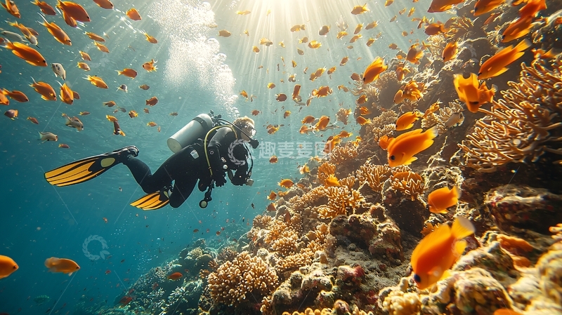高清大图下载【趣麦麦图】潜水员与珊瑚礁鱼群