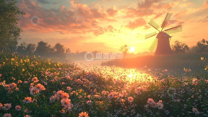 高清大图下载【趣麦麦图】日出风车花海田园
