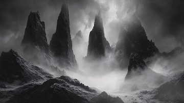 黑白雾气笼罩的山峰群