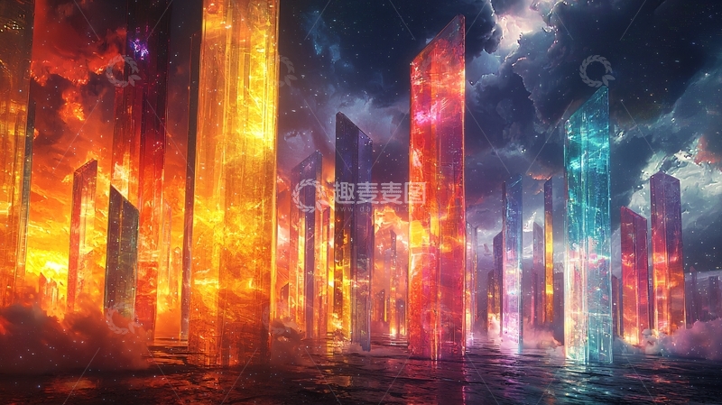 高清大图下载【趣麦麦图】多彩晶体高塔城市
