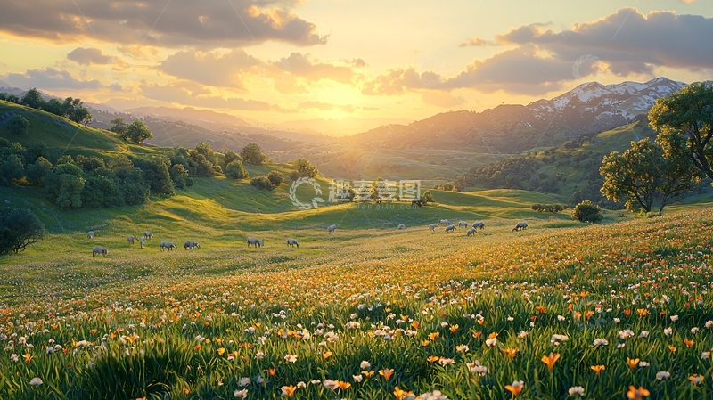 高清大图下载【趣麦麦图】夕阳下的山峦草原