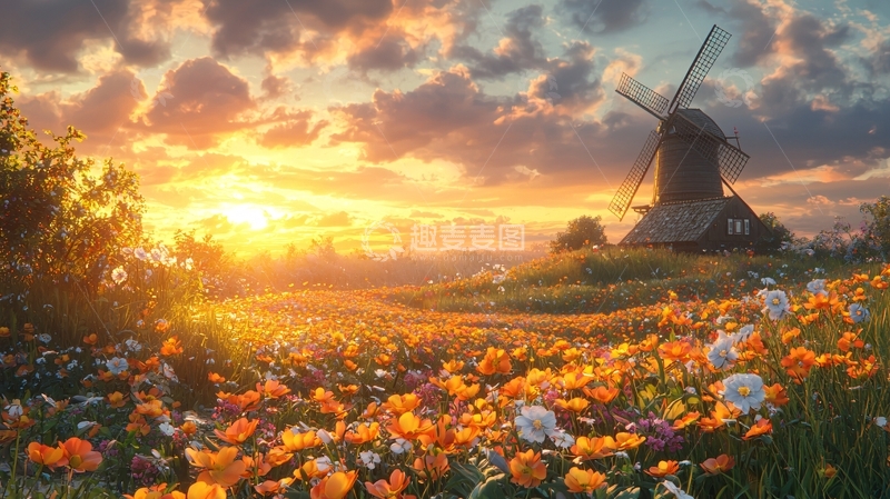高清大图下载【趣麦麦图】日出麦田风车田园风景