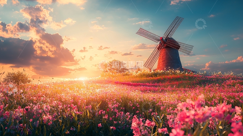 高清大图下载【趣麦麦图】日出花海风车田园