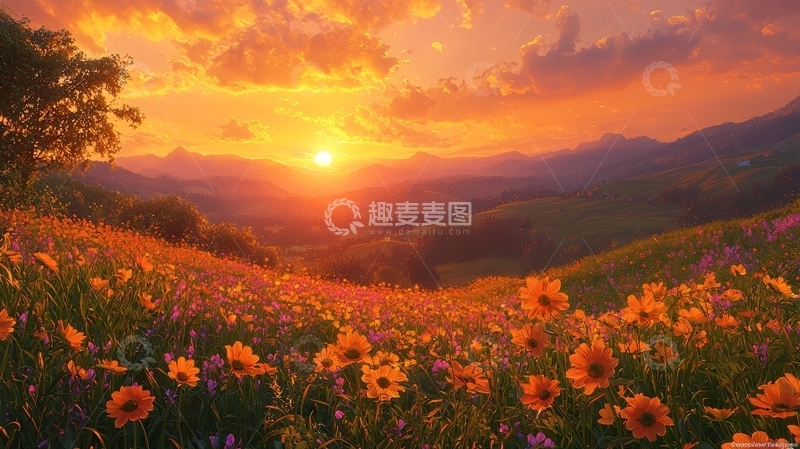 高清大图下载【趣麦麦图】山峦夕阳下的橙色花田