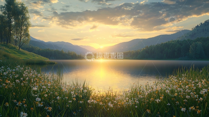 高清大图下载【趣麦麦图】山湖日落