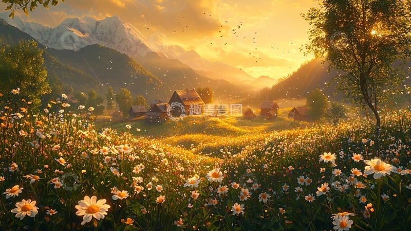 高清大图下载【趣麦麦图】夕阳下的山谷村庄