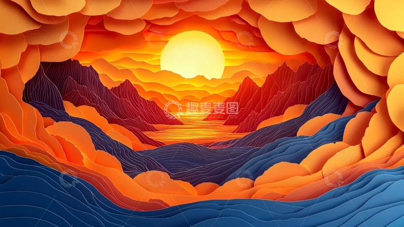 高清大图下载【趣麦麦图】剪纸日落山海图