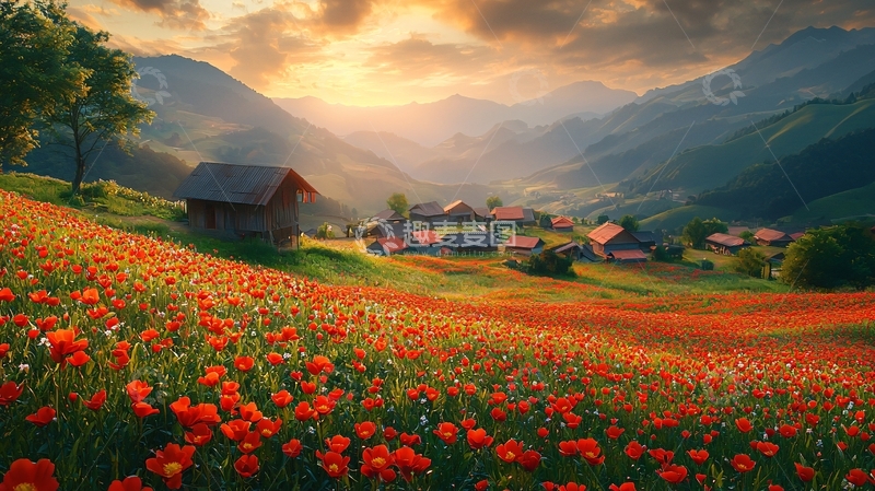 高清大图下载【趣麦麦图】山谷村庄罂粟花田日落
