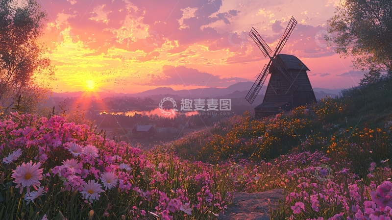高清大图下载【趣麦麦图】日出风车花海田园
