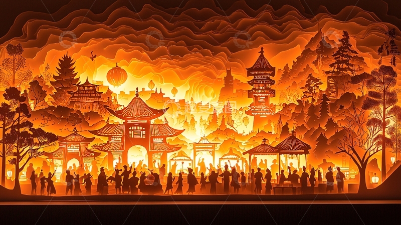 高清大图下载【趣麦麦图】剪纸夜景