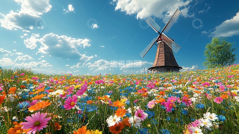 高清大图下载【趣麦麦图】风车花田蓝天白云