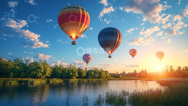 高清大图下载【趣麦麦图】热气球在夕阳下的湖边