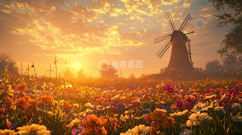 高清大图下载【趣麦麦图】日出风车花海田园