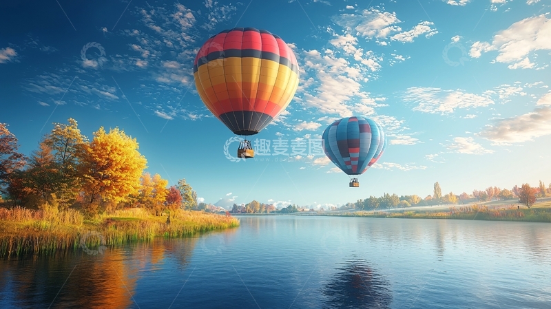 高清大图下载【趣麦麦图】热气球秋景湖边