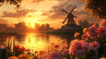 夕阳下的荷兰风车