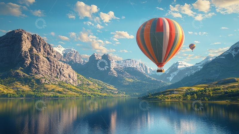 高清大图下载【趣麦麦图】热气球飞跃山脉湖泊