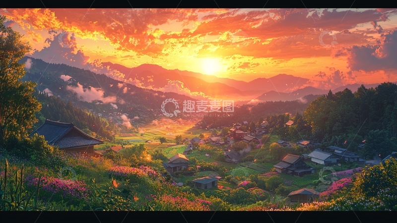 高清大图下载【趣麦麦图】山村日落景色