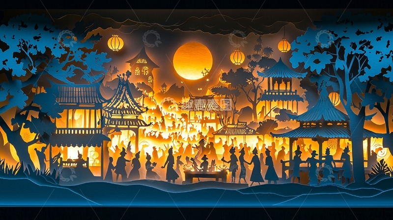 高清大图下载【趣麦麦图】夜色古镇剪纸风格
