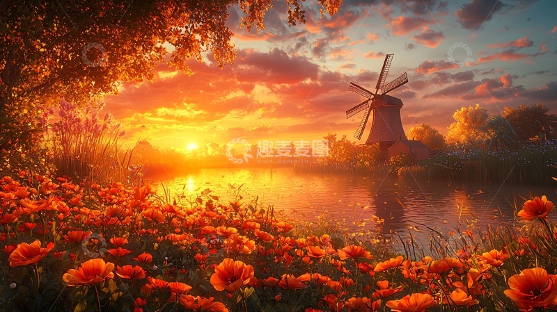 高清大图下载【趣麦麦图】日出风车花海景色