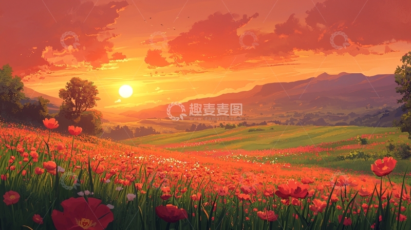高清大图下载【趣麦麦图】落日余晖下的罂粟花田