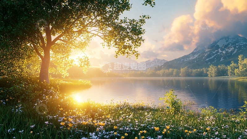 高清大图下载【趣麦麦图】阳光树木湖泊山脉