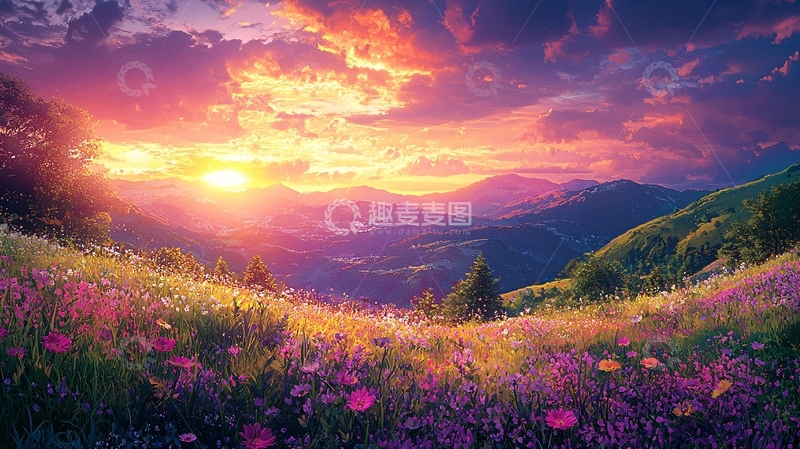 高清大图下载【趣麦麦图】梦幻山峦日落花海