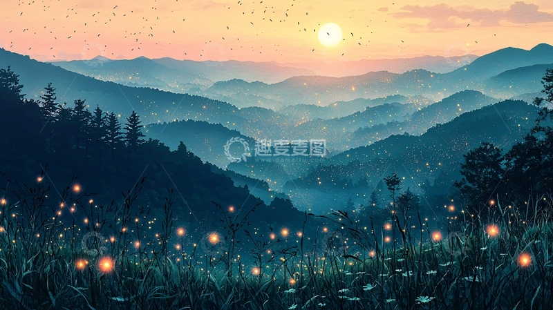 高清大图下载【趣麦麦图】梦幻山峦日落萤火虫