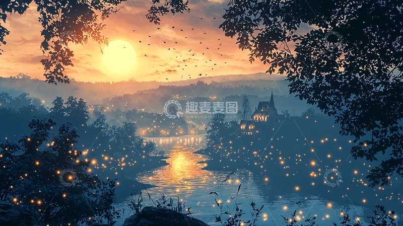 高清大图下载【趣麦麦图】夕阳下的梦幻小镇