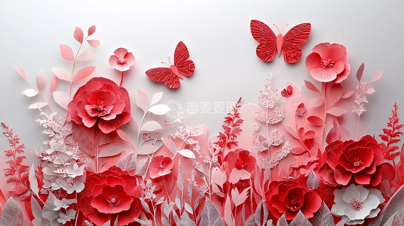 高清大图下载【趣麦麦图】粉色玫瑰花蝴蝶剪纸