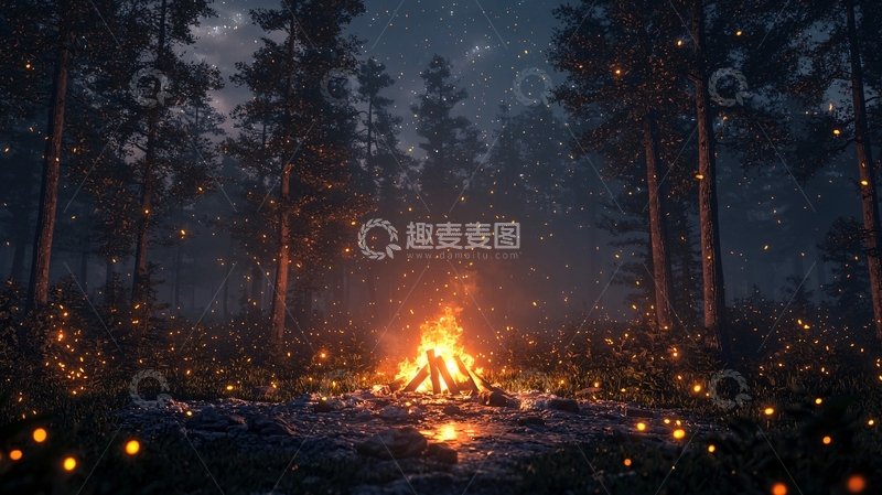 高清大图下载【趣麦麦图】夜晚森林篝火