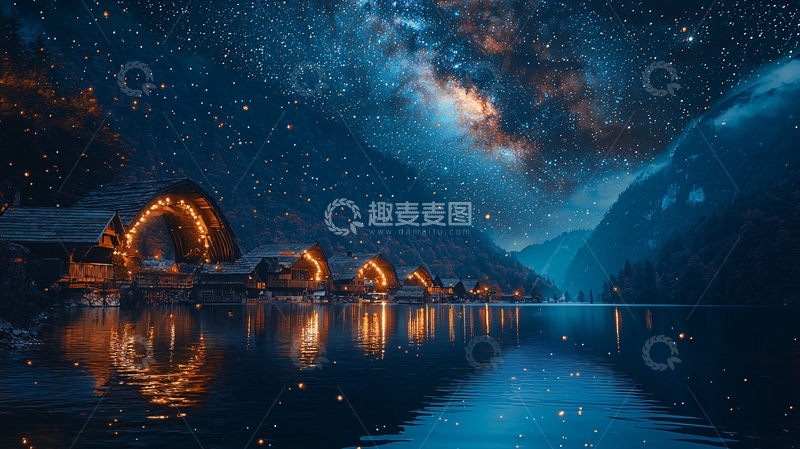 高清大图下载【趣麦麦图】星空下的湖边小屋